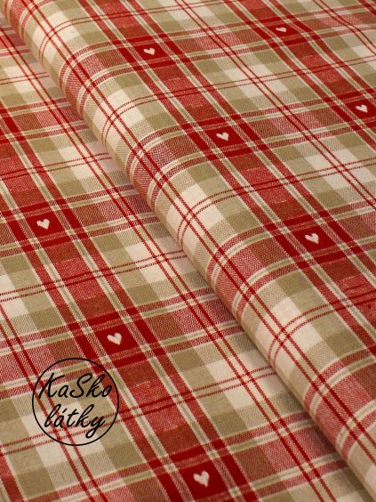 Bavlněná látka červeno-béžová kostka se srdíčky