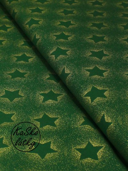 Zbytek - Bavlněná látka zelené hvězdy se zlatem  55 x 145 cm