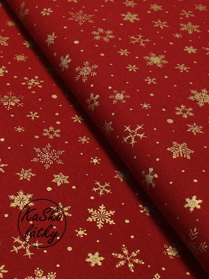 Bavlněná látka střední zlaté sněhové vločky na červené