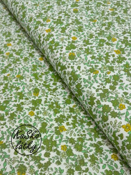 Zbytek - Bavlněná látka zelené kytičky a větvičky na bílé  25 x 150 cm