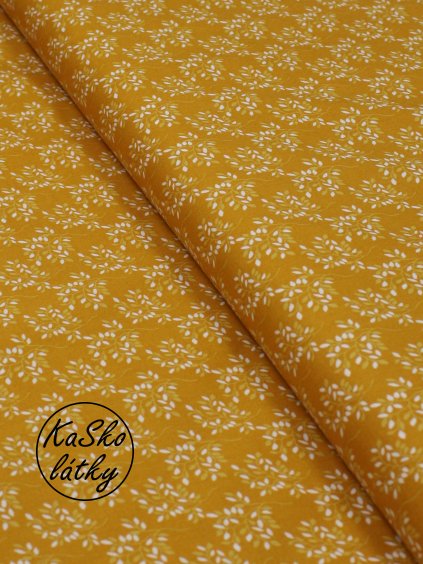 Zbytek - Bavlněná látka hořčicové větvičky  30 x 145 cm