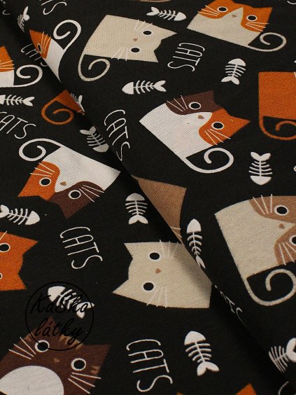 Zbytek - Režná látka kočky s rybí kostí na černé  35 x 145 cm