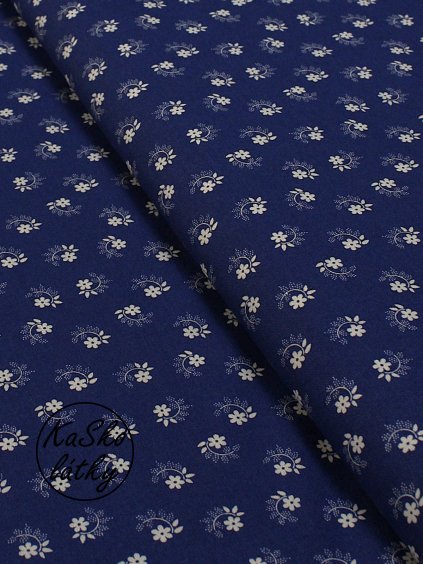 Zbytek - Bavlněná látka květy s lístky z puntíků na modré  50 x 150 cm