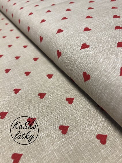 Zbytek - Bavlněná látka červená srdce na režné  20 x 150 cm