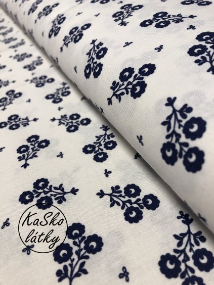 Zbytek - Bavlněná látka folklórní květ modrý na bílé  50 x 150 cm