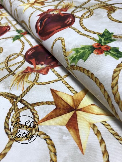 Zbytek - Režná látka vánoční koule a hvězdy  50 x 140 cm