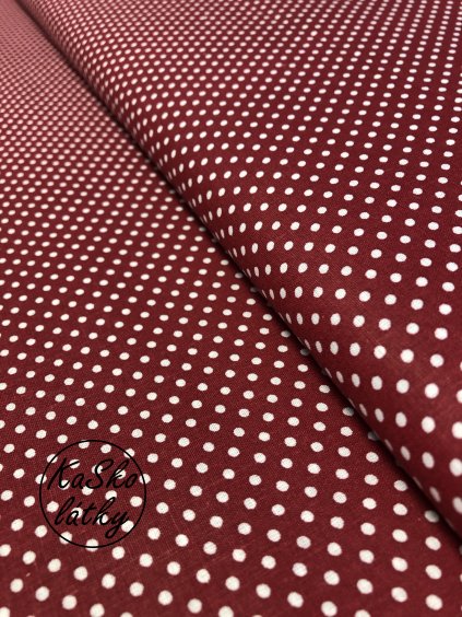 Zbytek - Bavlněná látka bílý puntík na vínové