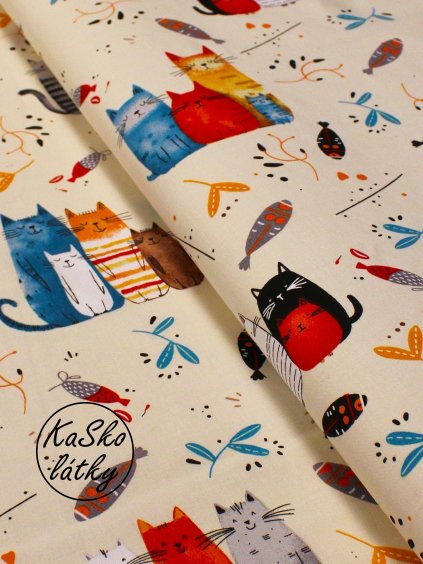 Zbytek - Bavlněná látka barevné kočky  40 x 160 cm