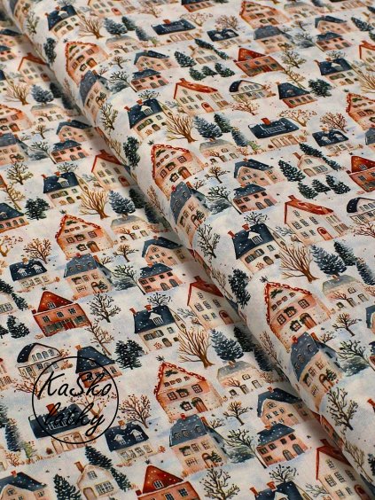 Zbytek - Bavlněná látka zasněžené městečko  65 x 150 cm