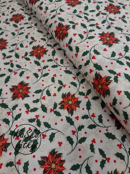 Zbytek - Bavlněná látka vánoční hvězda na krémové  45 x 145 cm