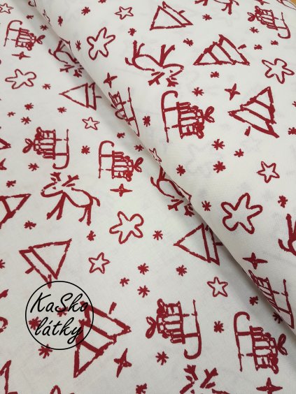 Zbytek - Bavlněná látka červení jeleni a sáňky na bílé  45 x 150 cm