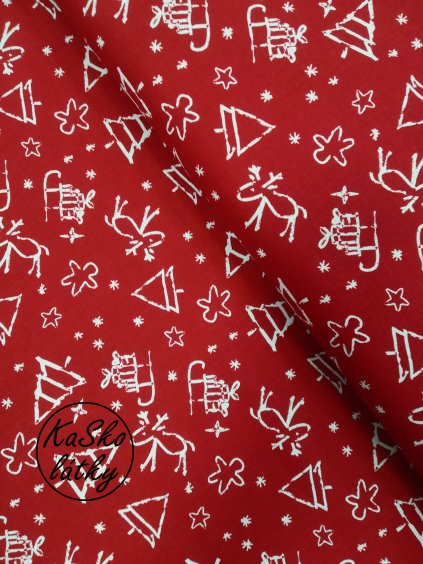 Zbytek - Bavlněná látka bílí jeleni a sáňky na červené  45 x 150 cm