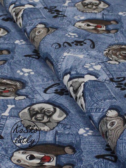 Zbytek - Režná látka psi na modrých džínách  50 x 140 cm