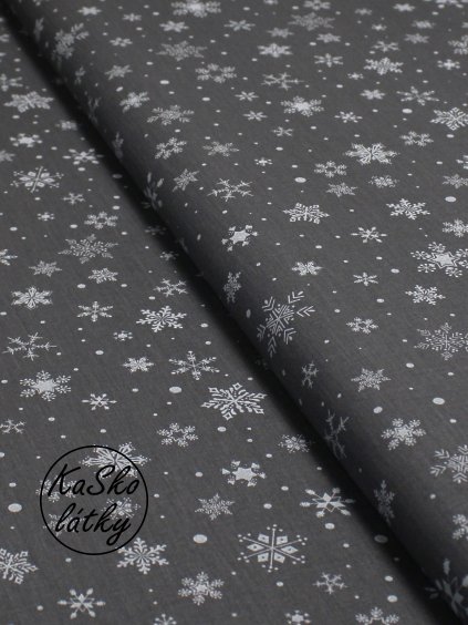 Zbytek - Bavlněná látka střední sněhové vločky na šedé  65 x 150 cm