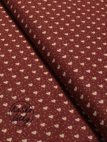 Zbytek - Bavlněná látka srdíčka s puntíky na vínové - LÁTKA S VADOU  65 x 160 cm