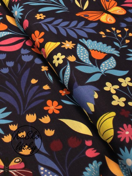 Zbytek - Bavlněná látka barevné kytky a motýli  35 x 160 cm