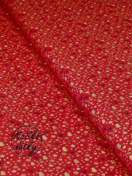 Zbytek - Bavlněná látka drobný vánoční vzor na červené  60 x 145 cm
