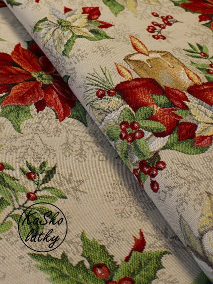 Zbytek - Gobelínová tkanina vánoční hvězdy a svíčky  50 x 140 cm