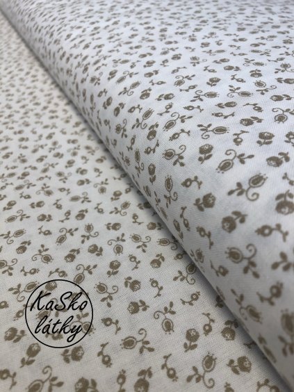 Zbytek - Bavlněná látka folklorní béžové květy na bílé  20 x 150 cm