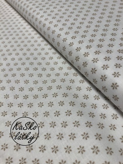 Zbytek - Bavlněná látka béžové kvítky na bílé  20 x 140 cm