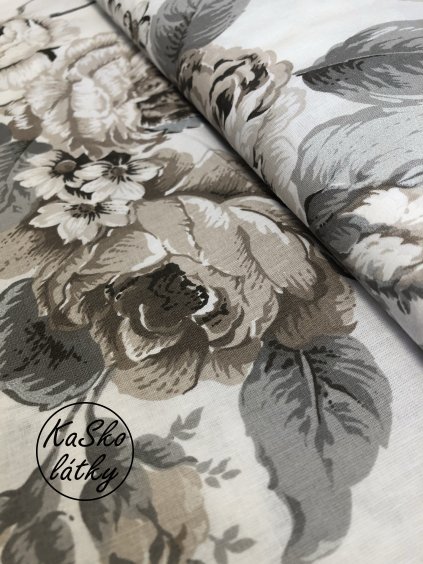 Zbytek - Bavlněná látka velké šedohnědé růže na bílé  60 x 140 cm