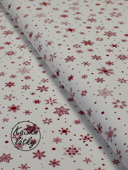 Zbytek - Bavlněná látka střední červené sněhové vločky  25 x 150 cm