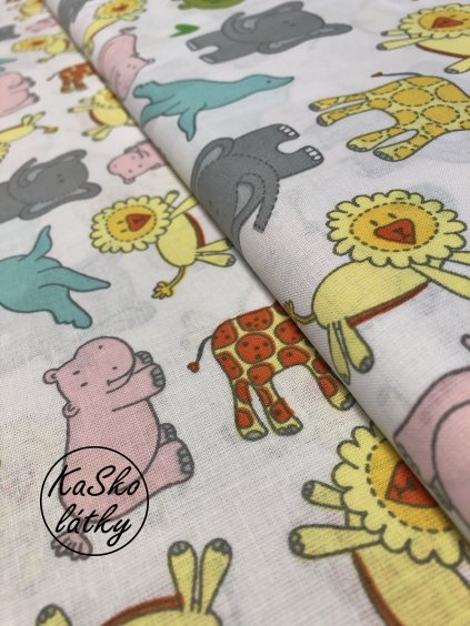 Zbytek - Bavlněná látka barevná ZOO zvířátka  40 x 160 cm