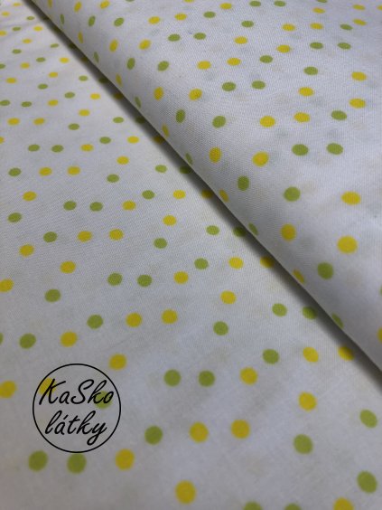 Zbytek - Bavlněná látka žlutý a zelený puntík na bílé  75 x 140 cm
