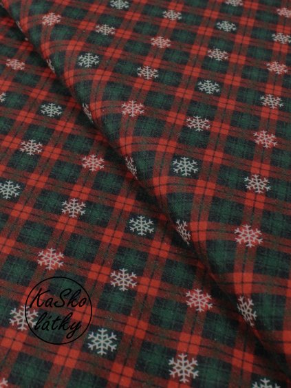 Zbytek - Režná látka červeno-zelená kostka a vločkami - LÁTKA S VADOU  40 x 150 cm
