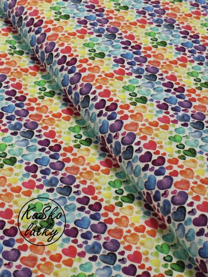 Bavlněná látka duhová srdíčka