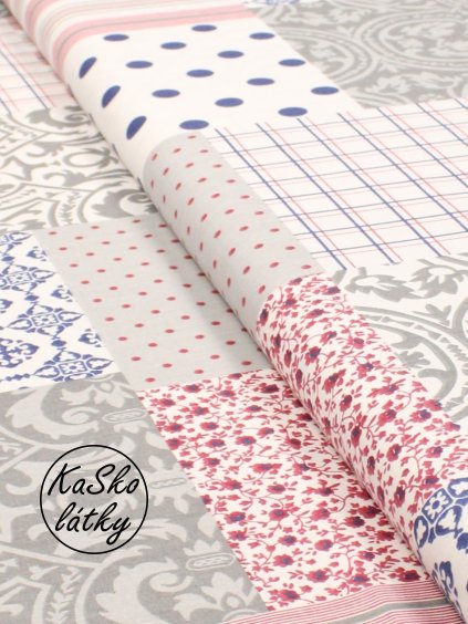 Zbytek - Bavlněná látka červeno-modrý patchwork  75 x 160 cm