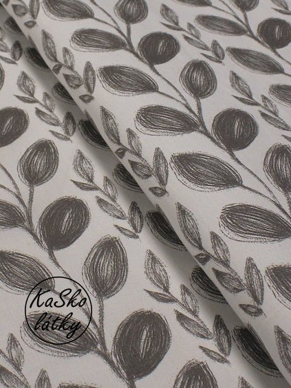 Bavlněná látka šedé listy na stonku