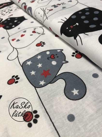 Zbytek - Bavlněná látka kočky na drátě bílé  25 x 160 cm