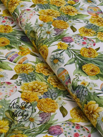 Režná látka velikonoční vajíčka a žluté květy