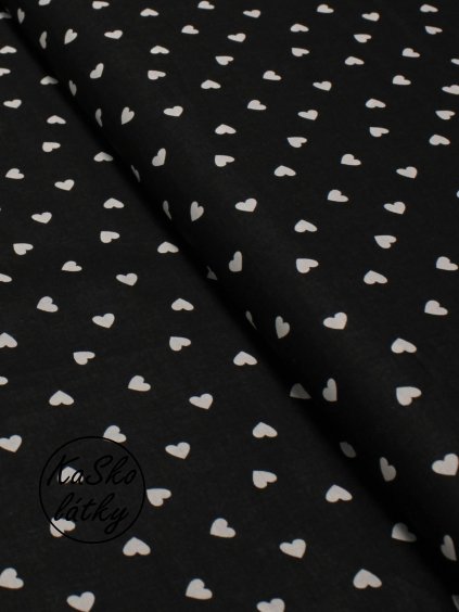 Zbytek - Bavlněná látka bílá srdíčka na černé  45 x 160 cm