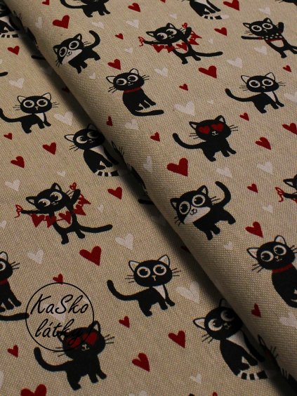 Zbytek - Režná látka koťata se srdíčky  40 x 140 cm