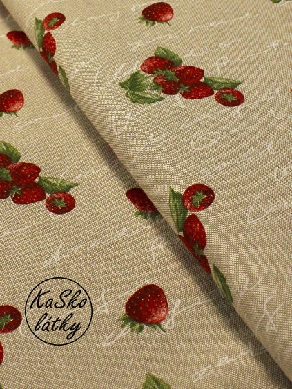 Režná látka jahody na režném podkladu s bílým písmem