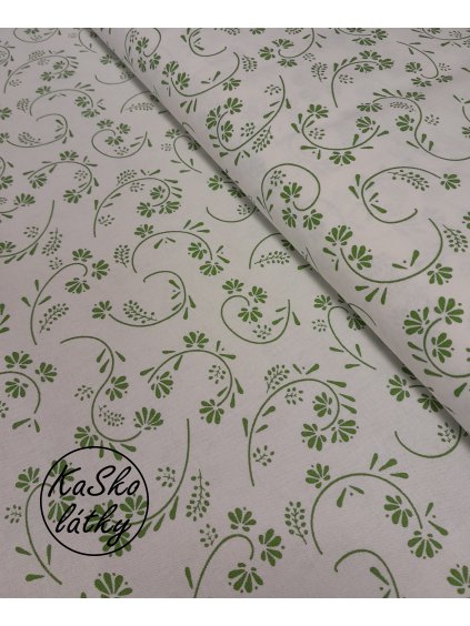Bavlněná látka zelené květy na stonku na bílé - LÁTKA S VADOU