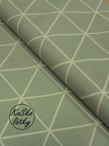 Bavlněná látka béžové trojúhelníky na zelené