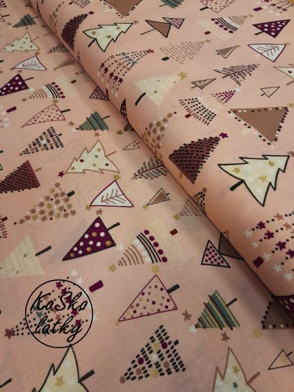 Bavlněná látka vánoční stromečky na růžové