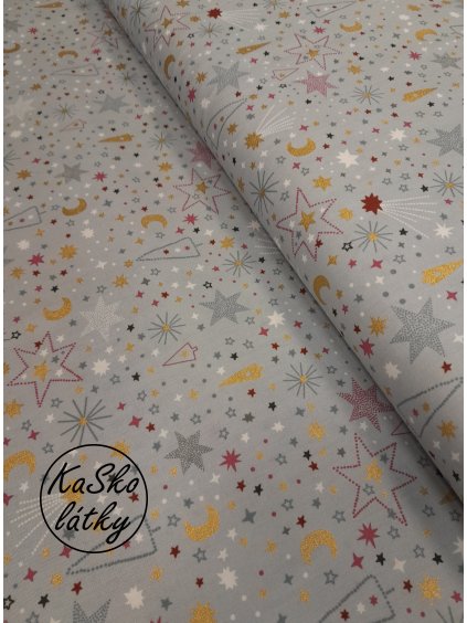 Bavlněná látka stromečky, hvězdičky na šedé