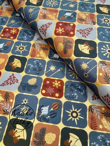 Bavlněná látka vánoční ornamenty do modra