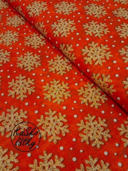 Bavlněná látka zlaté vločky na červené