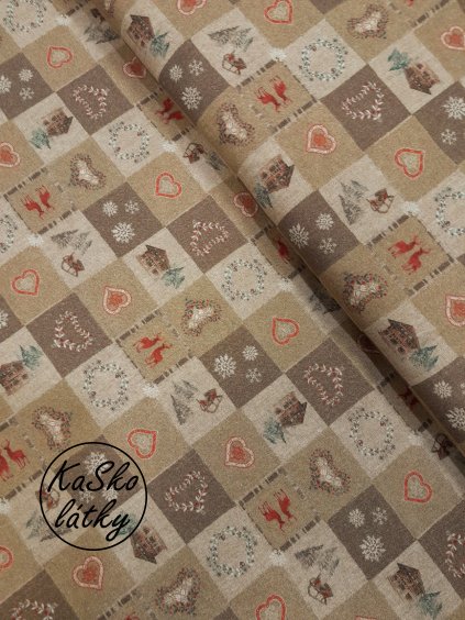 Bavlněná látka zimní motivy v kostkách