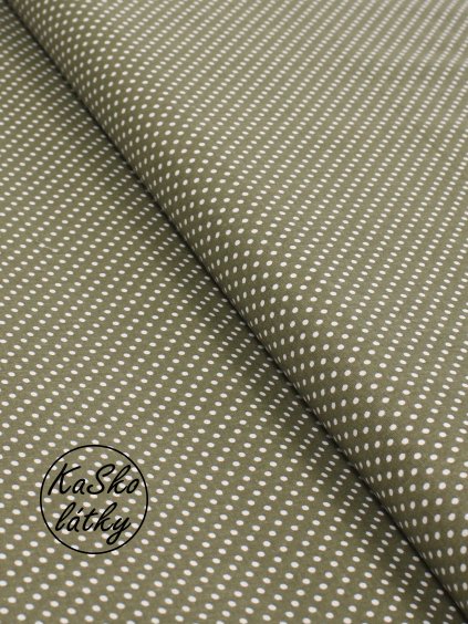 Bavlněná látka bílý puntík na olivové