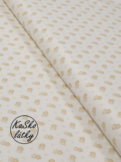 Bavlněná látka béžové kytky na bílé