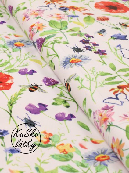 Bavlněná látka včelky a broučci mezi květinami
