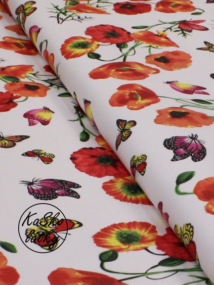 Bavlněná látka vlčí máky a motýli