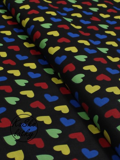 Bavlněná látka barevná srdce na černé
