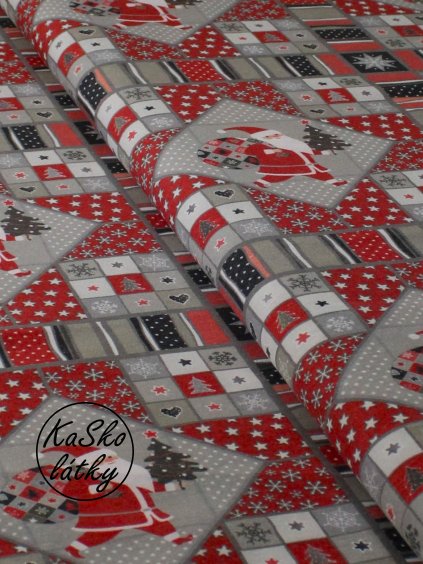 Režná látka vánoční patchwork se Santou